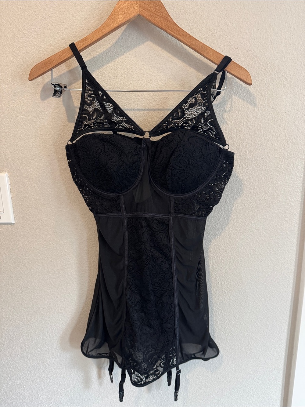 Dreamgirl Black Lace Bustier with Sheer Panels and Garter Straps